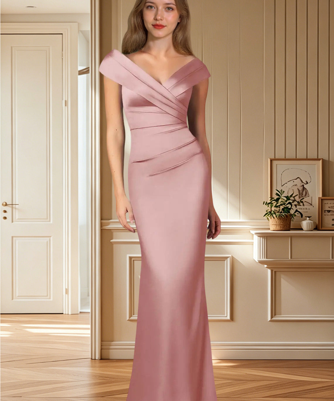 Augday Ludlow Mermaid Pleated Stretch Satin Dress