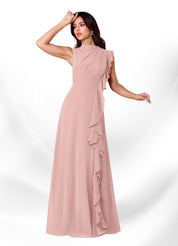 Augday Narine A-Line High Neckline Pleated Chiffon Dress