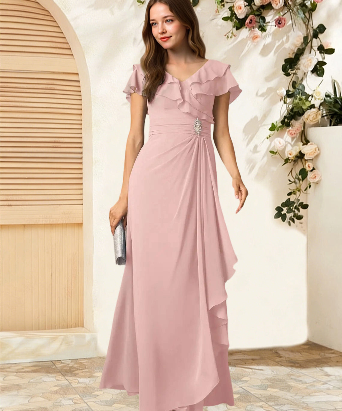 Augday Snapdragon A-Line V-Neck Ruched Chiffon Dress