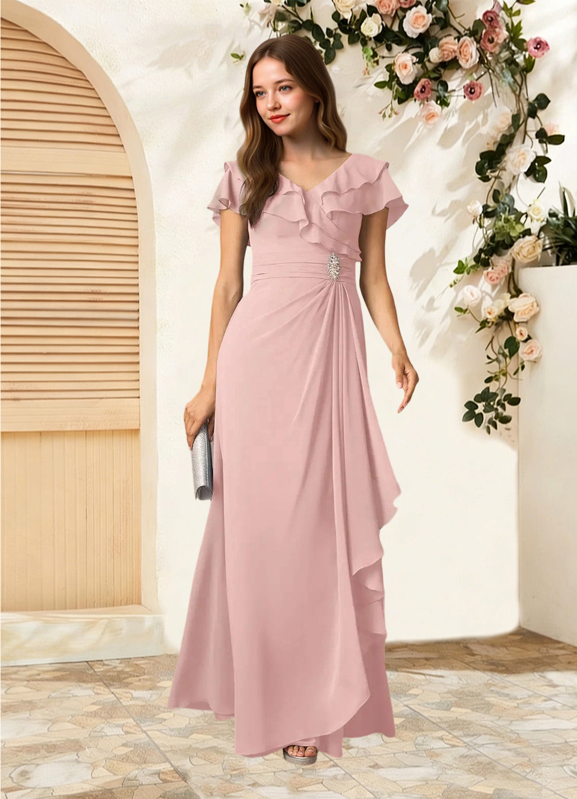 Augday Snapdragon A-Line V-Neck Ruched Chiffon Dress
