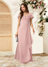 Augday Snapdragon A-Line V-Neck Ruched Chiffon Dress