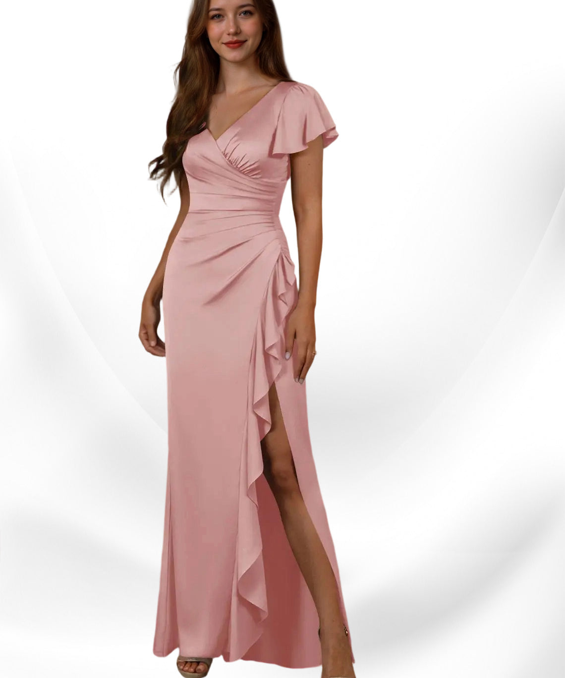 Augday Roya Mermaid V-Neck Pleated Stretch Satin