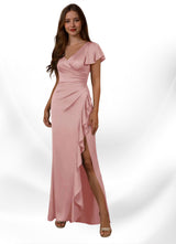 Augday Roya Mermaid V-Neck Pleated Stretch Satin