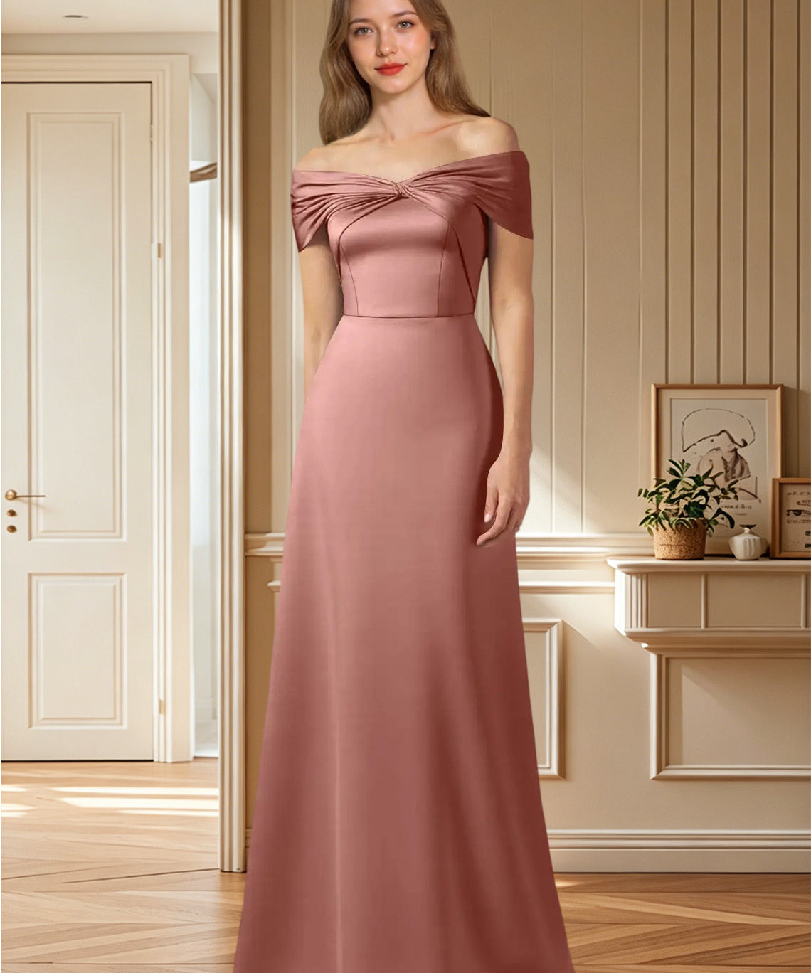 Augday Amelia A-Line Off the Shoulder Stretch Satin Dress