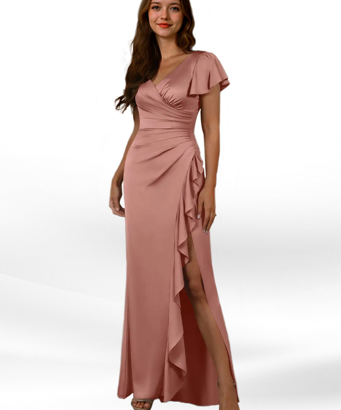 Augday Roya Mermaid V-Neck Pleated Stretch Satin Dress