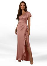 Augday Roya Mermaid V-Neck Pleated Stretch Satin Dress