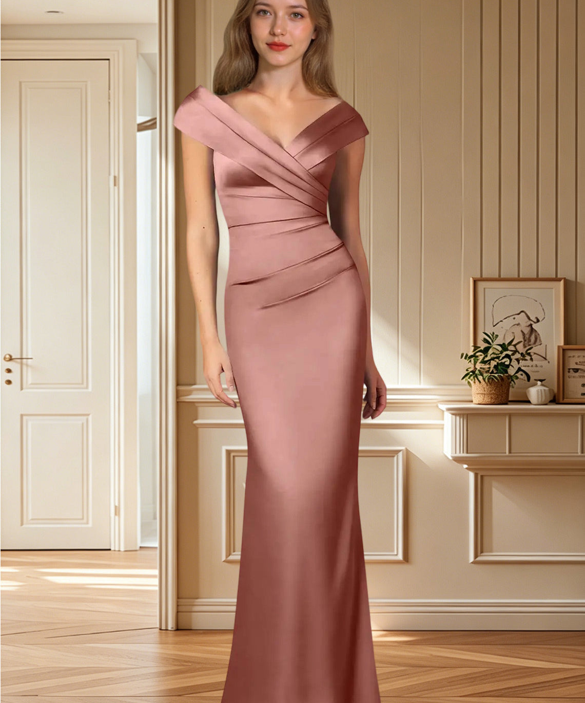 Augday Ludlow Mermaid Pleated Stretch Satin Dress