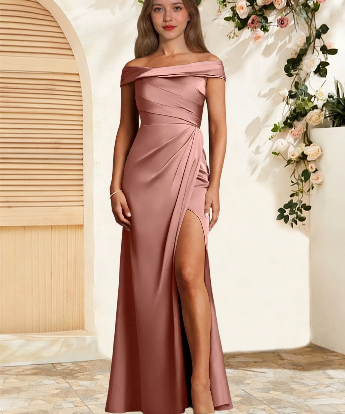 Augday Bedford Sheath Pleated Stretch Satin Dress