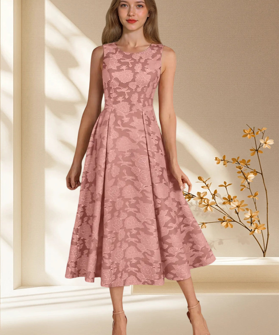 Augday Fulton A-Line Pleated Floral Burnout Dress