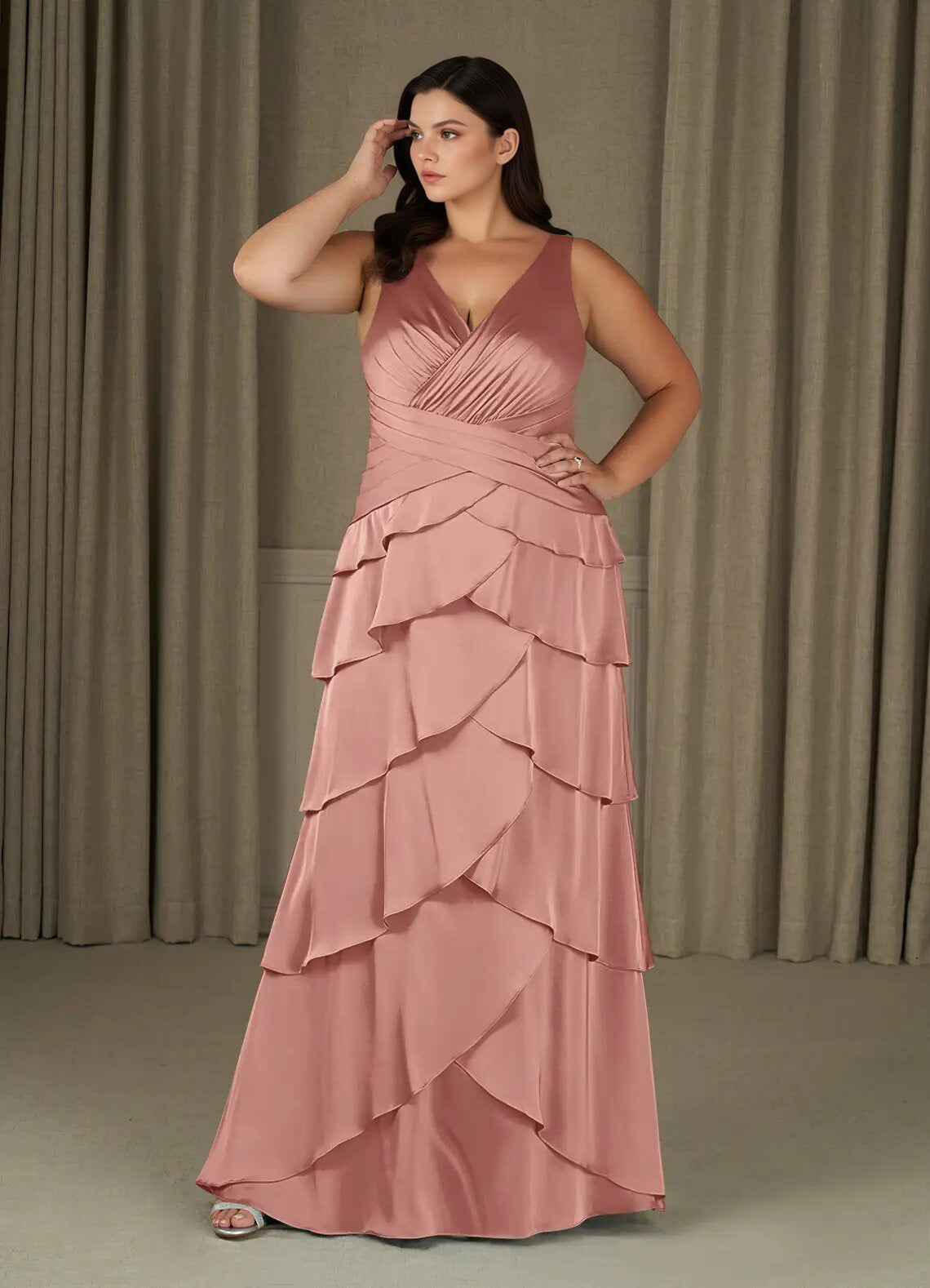 Augday Viola A-Line Pleated Stretch Satin Dress Plus Size