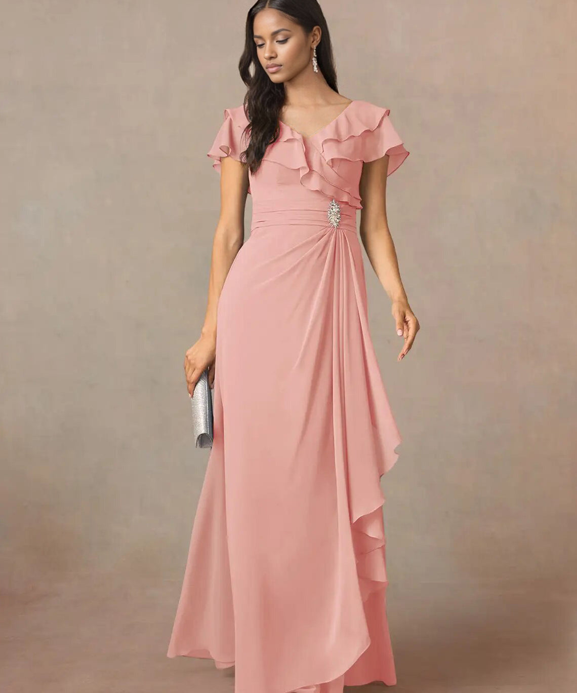 Augday A-Line V-Neck Ruched Chiffon Dress