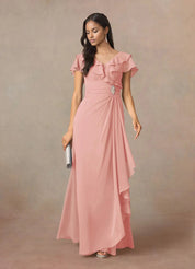Augday A-Line V-Neck Ruched Chiffon Dress