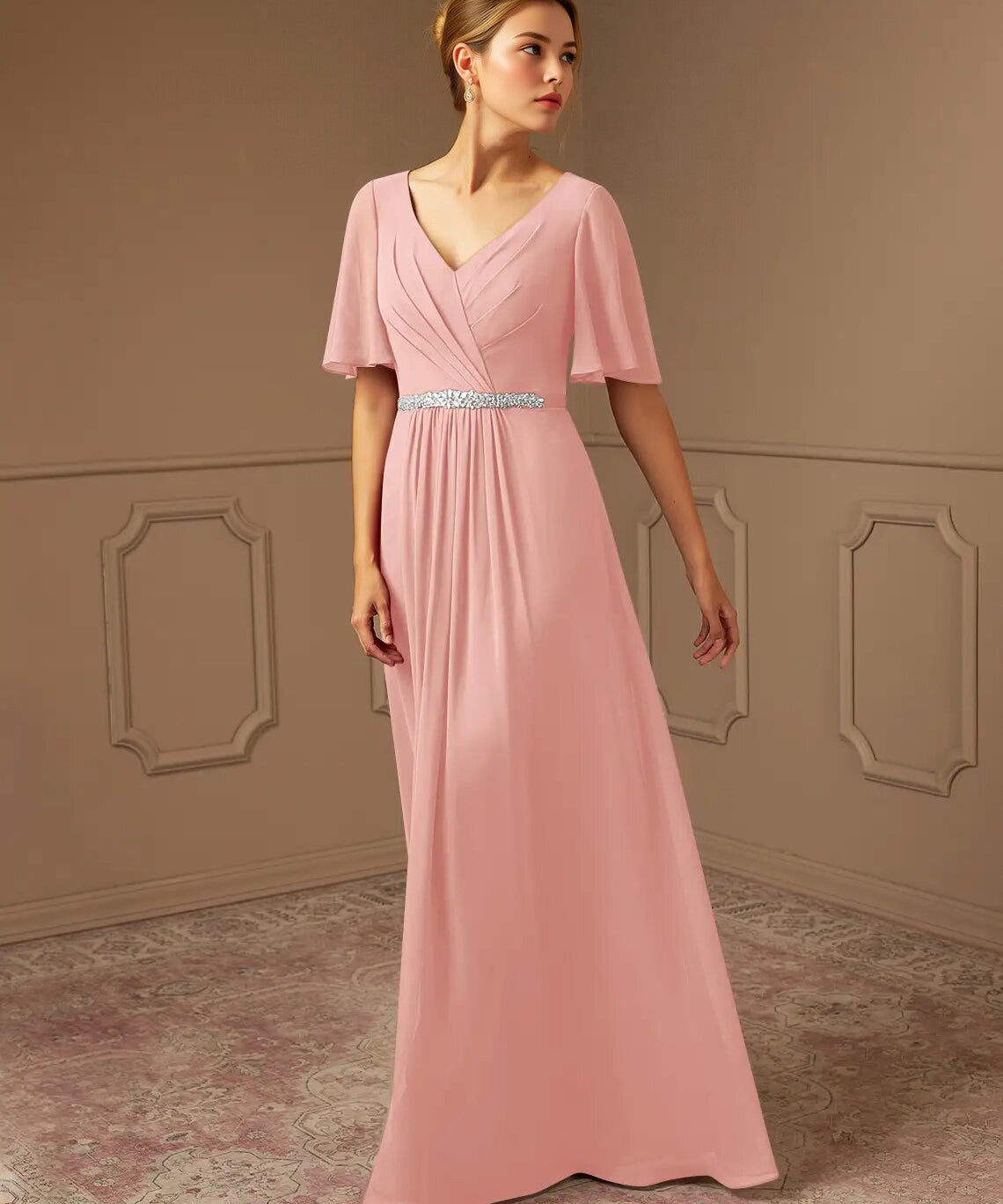 Augday A-Line V-Neck Pleated Chiffon Dress