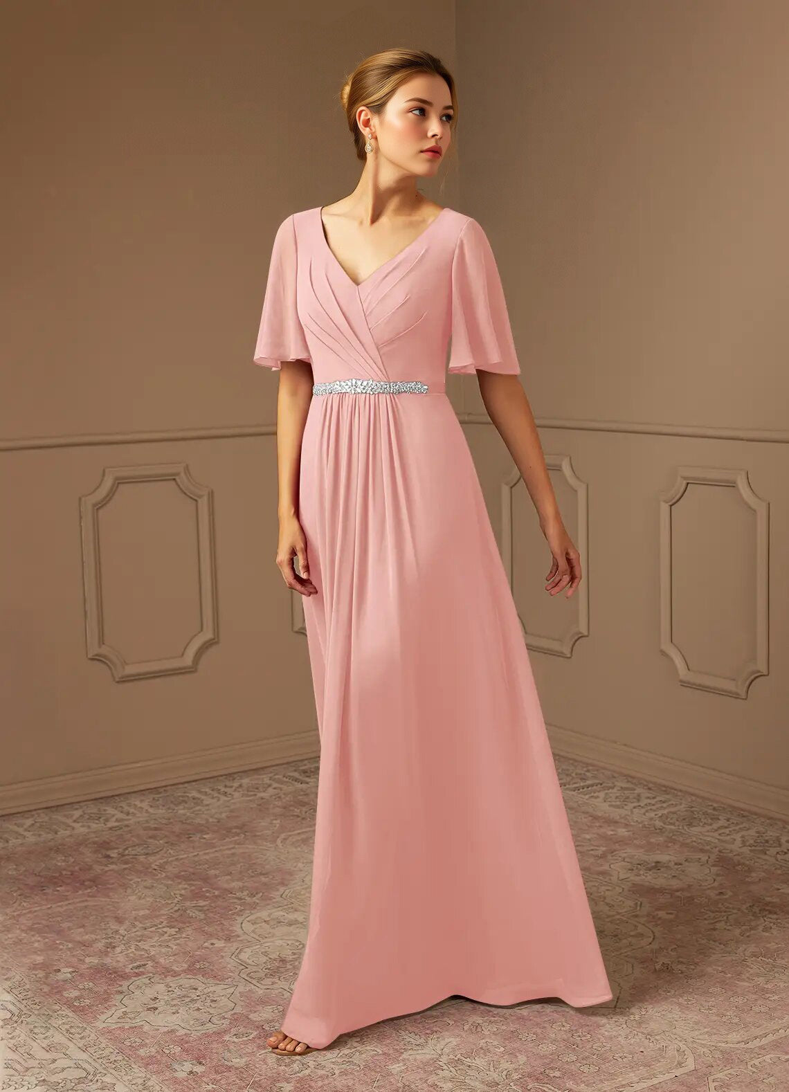 Augday A-Line V-Neck Pleated Chiffon Dress