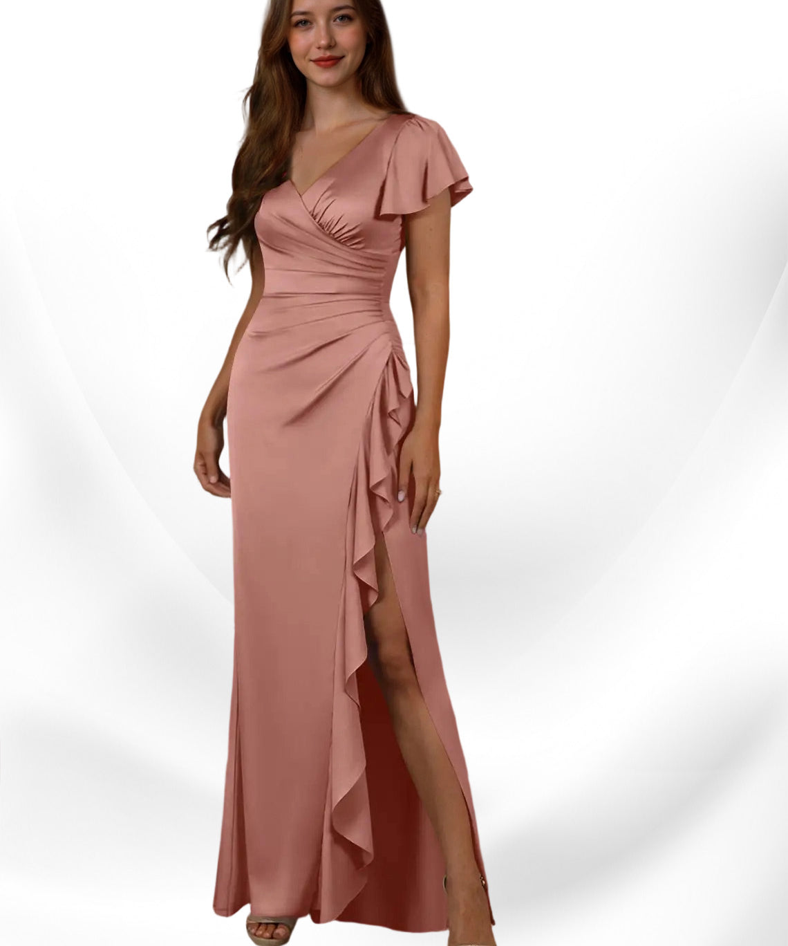 Augday Roya Mermaid V-Neck Pleated Stretch Satin
