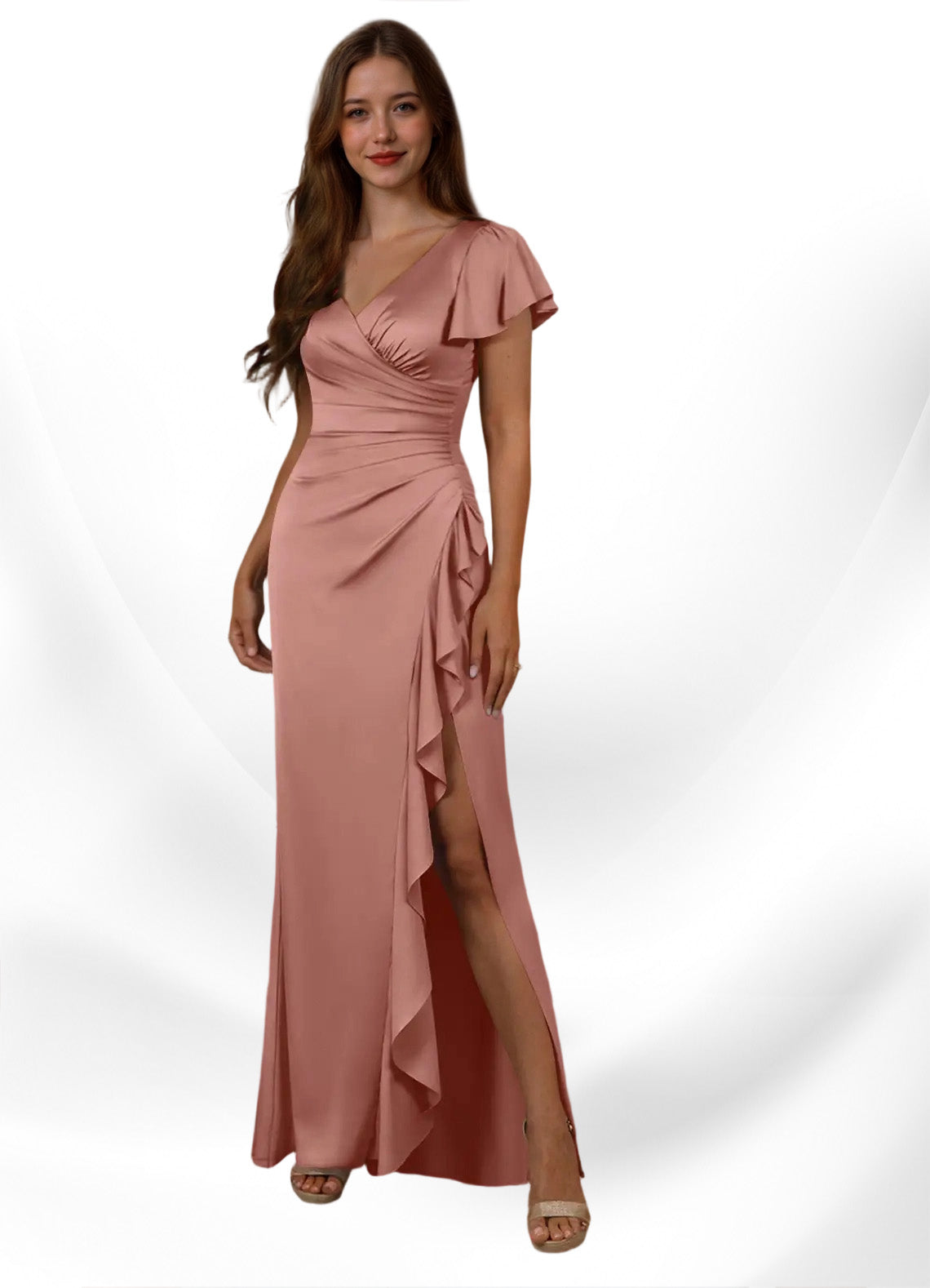 Augday Roya Mermaid V-Neck Pleated Stretch Satin