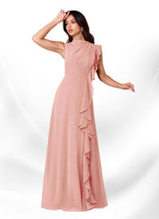Augday Narine A-Line High Neckline Pleated Chiffon Dress