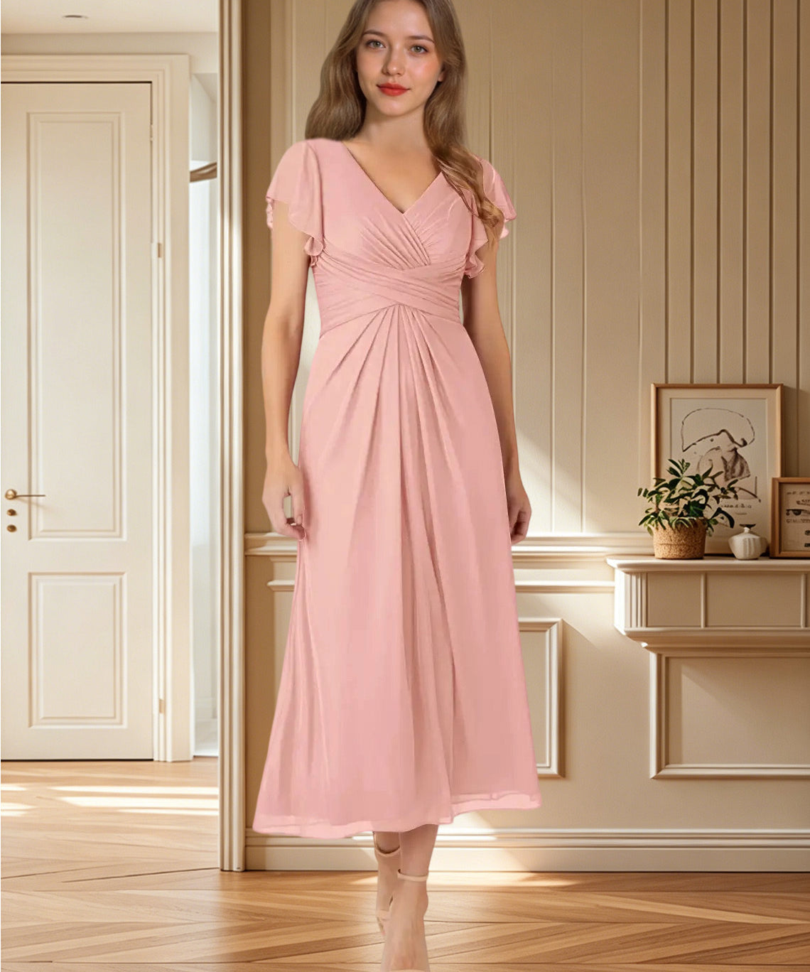 Augday Vera A-Line V-Neck Pleated Mesh Dress