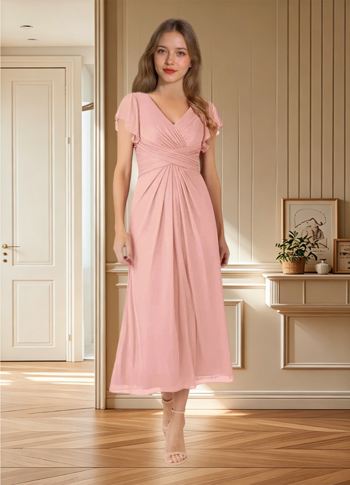 Augday Vera A-Line V-Neck Pleated Mesh Dress