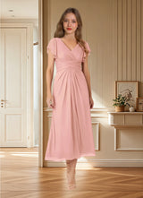 Augday Vera A-Line V-Neck Pleated Mesh Dress