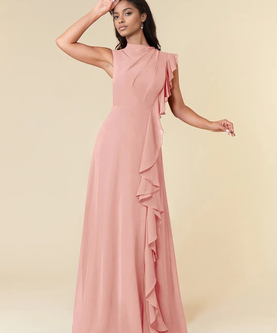 Augday A-Line High Neckline Pleated Chiffon Dress