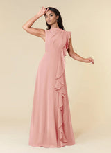 Augday A-Line High Neckline Pleated Chiffon Dress