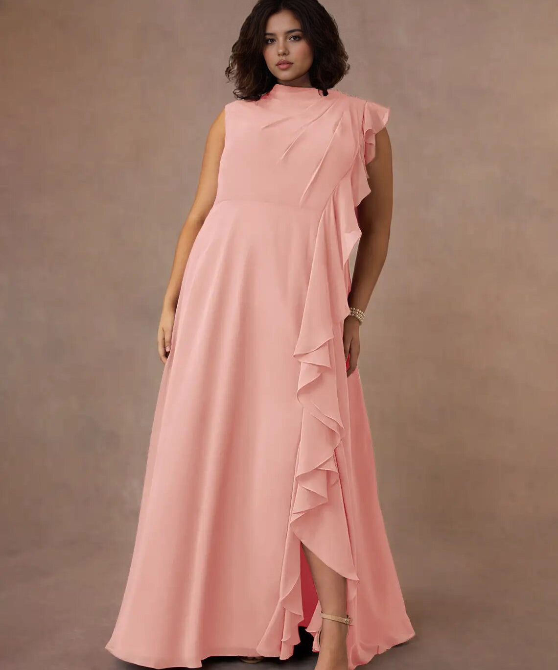 Augday A-Line High Neckline Pleated Chiffon Dress Plus Size