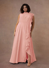 Augday A-Line High Neckline Pleated Chiffon Dress Plus Size