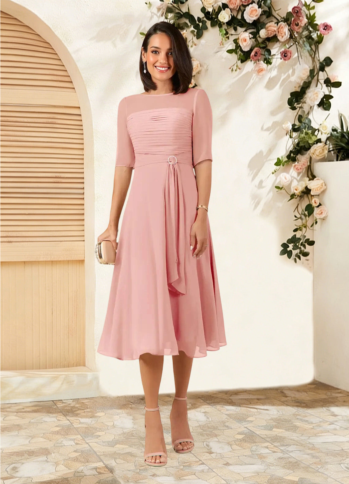 Augday Naomi A-Line Boatneck Pleated Chiffon Dress