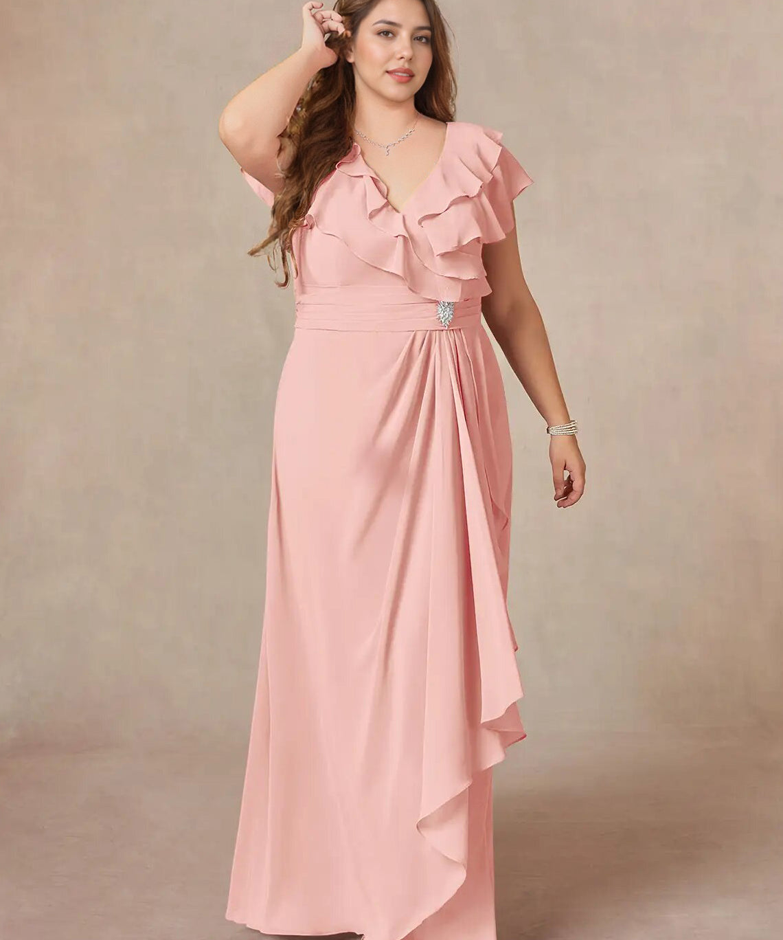 Augday A-Line V-Neck Ruched Chiffon Dress Plus Size