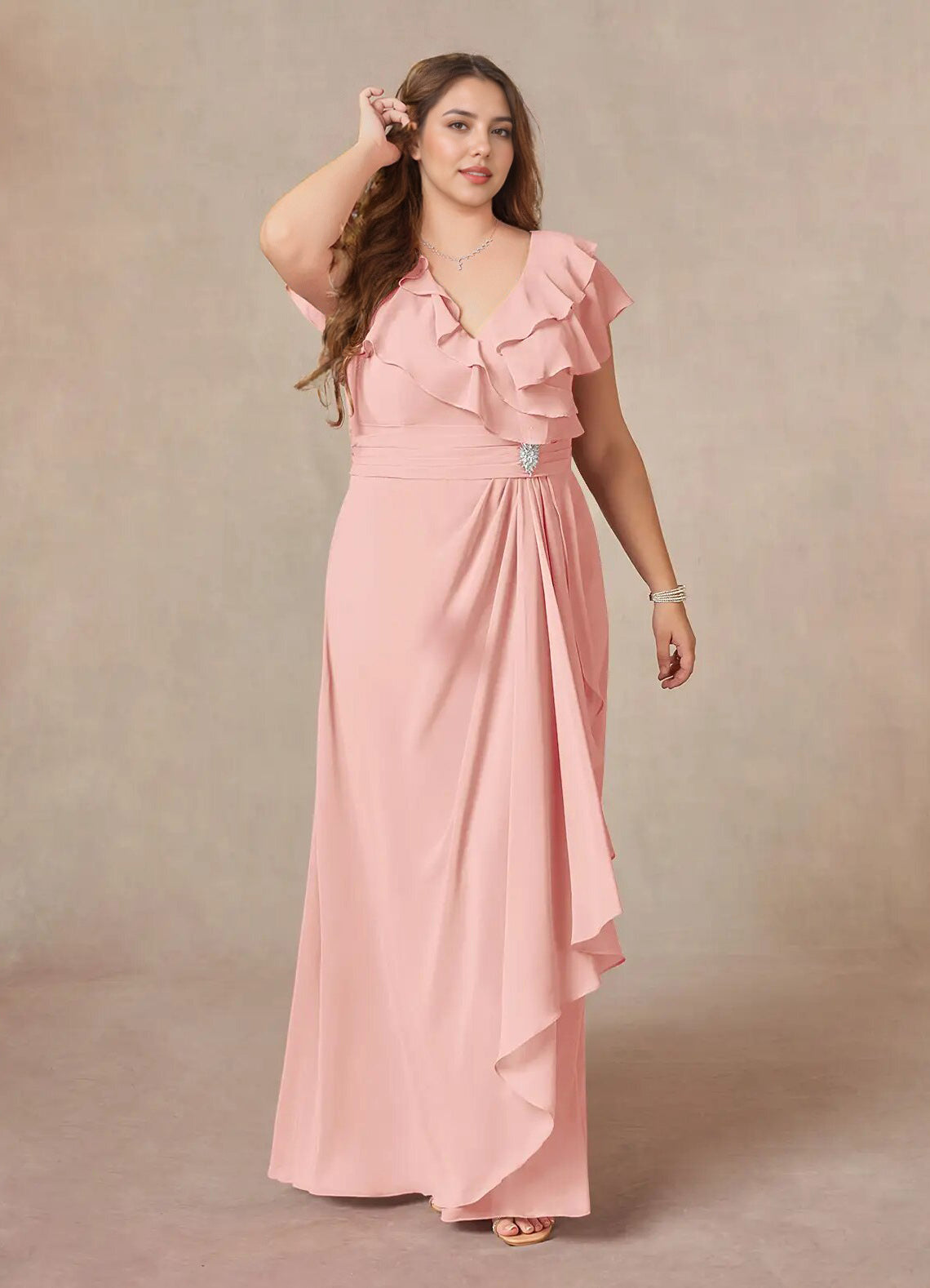 Augday A-Line V-Neck Ruched Chiffon Dress Plus Size