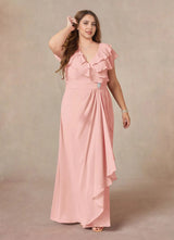 Augday A-Line V-Neck Ruched Chiffon Dress Plus Size