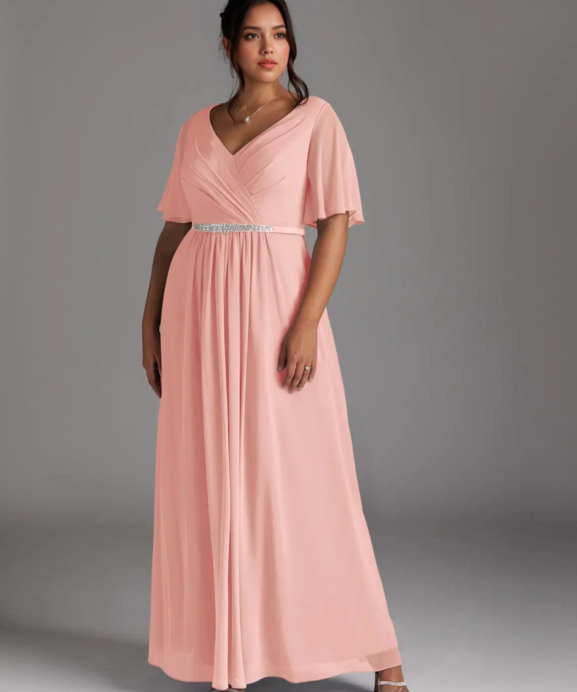 Augday A-Line V-Neck Pleated Chiffon Dress Plus Size