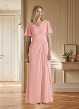 Augday Morning Glory A-Line V-Neck Ruched Chiffon Dress