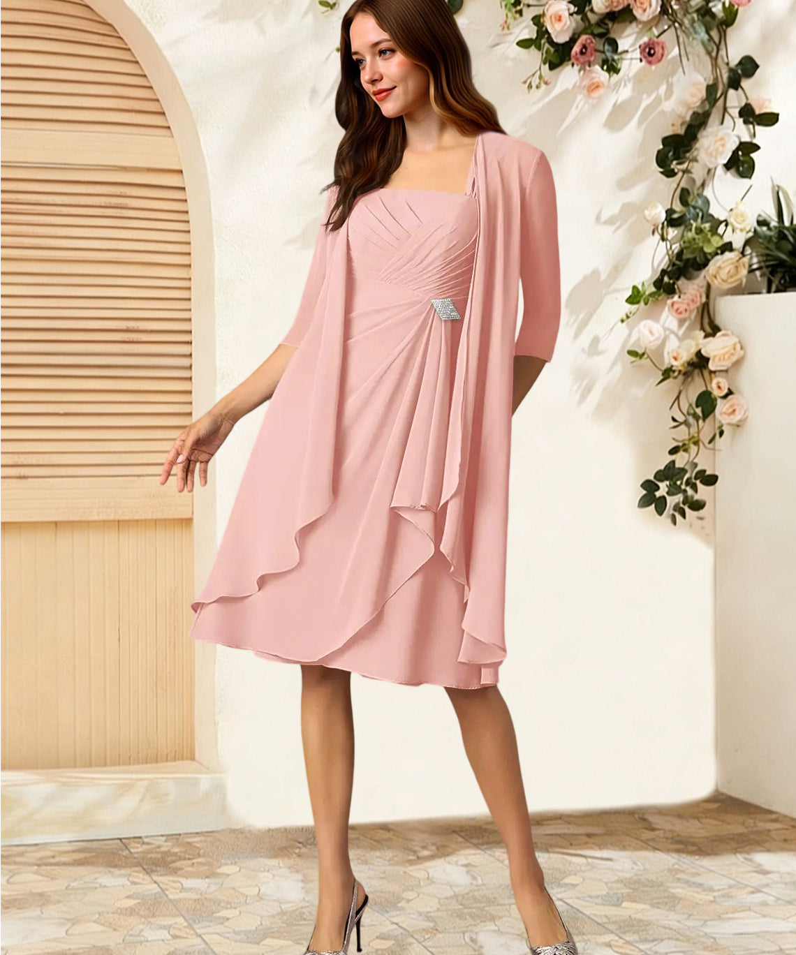 Augday Olivia A-Line Square Neckline Pleated Chiffon Dress