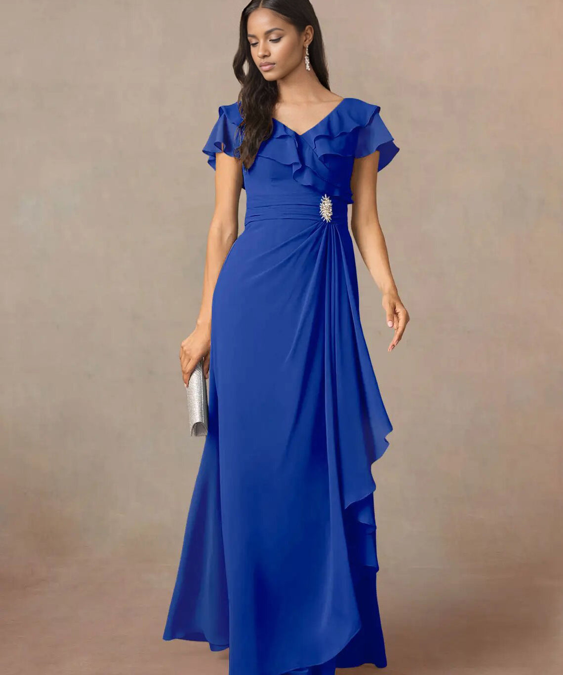 Augday A-Line V-Neck Ruched Chiffon Dress
