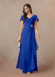 Augday A-Line V-Neck Ruched Chiffon Dress