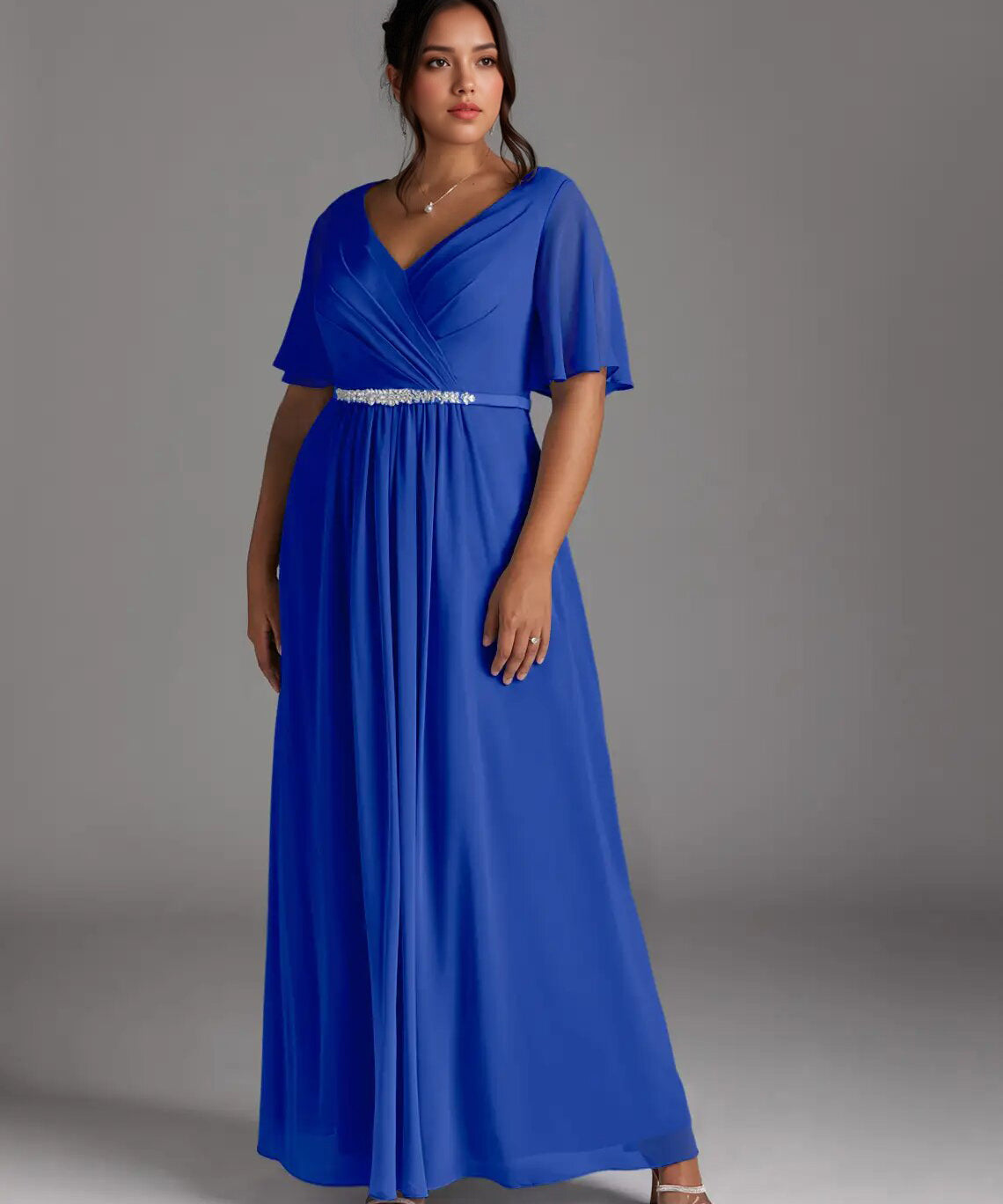 Augday A-Line V-Neck Pleated Chiffon Dress Plus Size