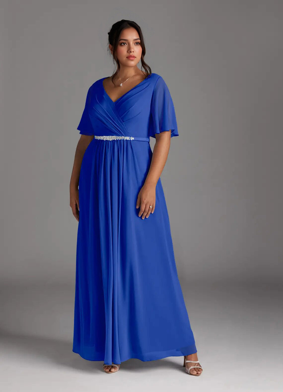 Augday A-Line V-Neck Pleated Chiffon Dress Plus Size