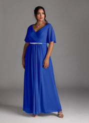 Augday A-Line V-Neck Pleated Chiffon Dress Plus Size