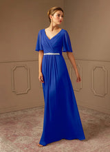 Augday A-Line V-Neck Pleated Chiffon Dress