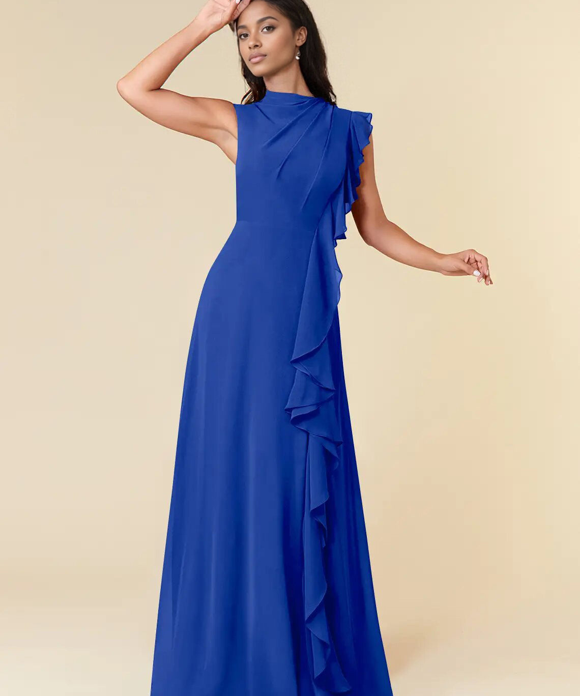 Augday A-Line High Neckline Pleated Chiffon Dress