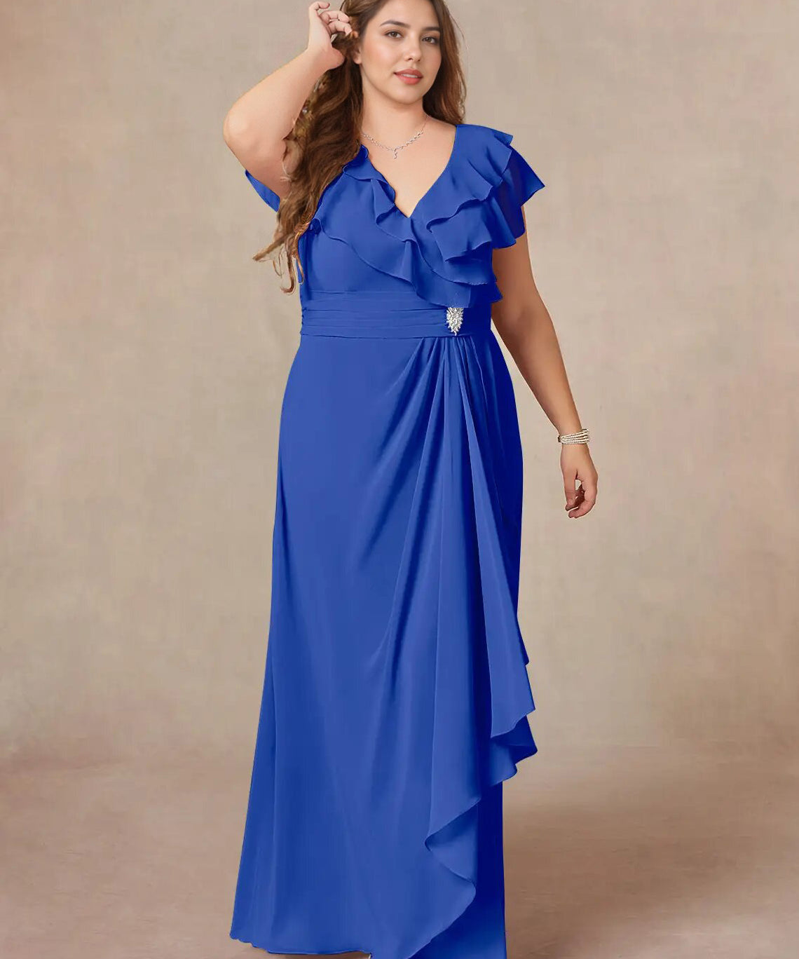 Augday A-Line V-Neck Ruched Chiffon Dress Plus Size