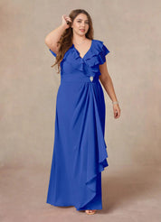 Augday A-Line V-Neck Ruched Chiffon Dress Plus Size