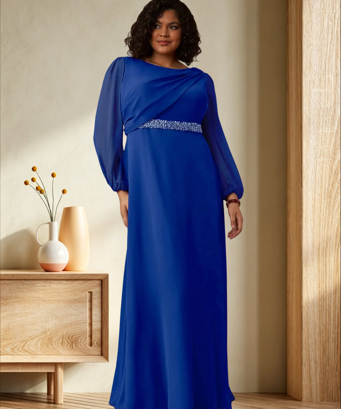 Augday Priyanka A-Line Boatneck Pleated Chiffon Dress