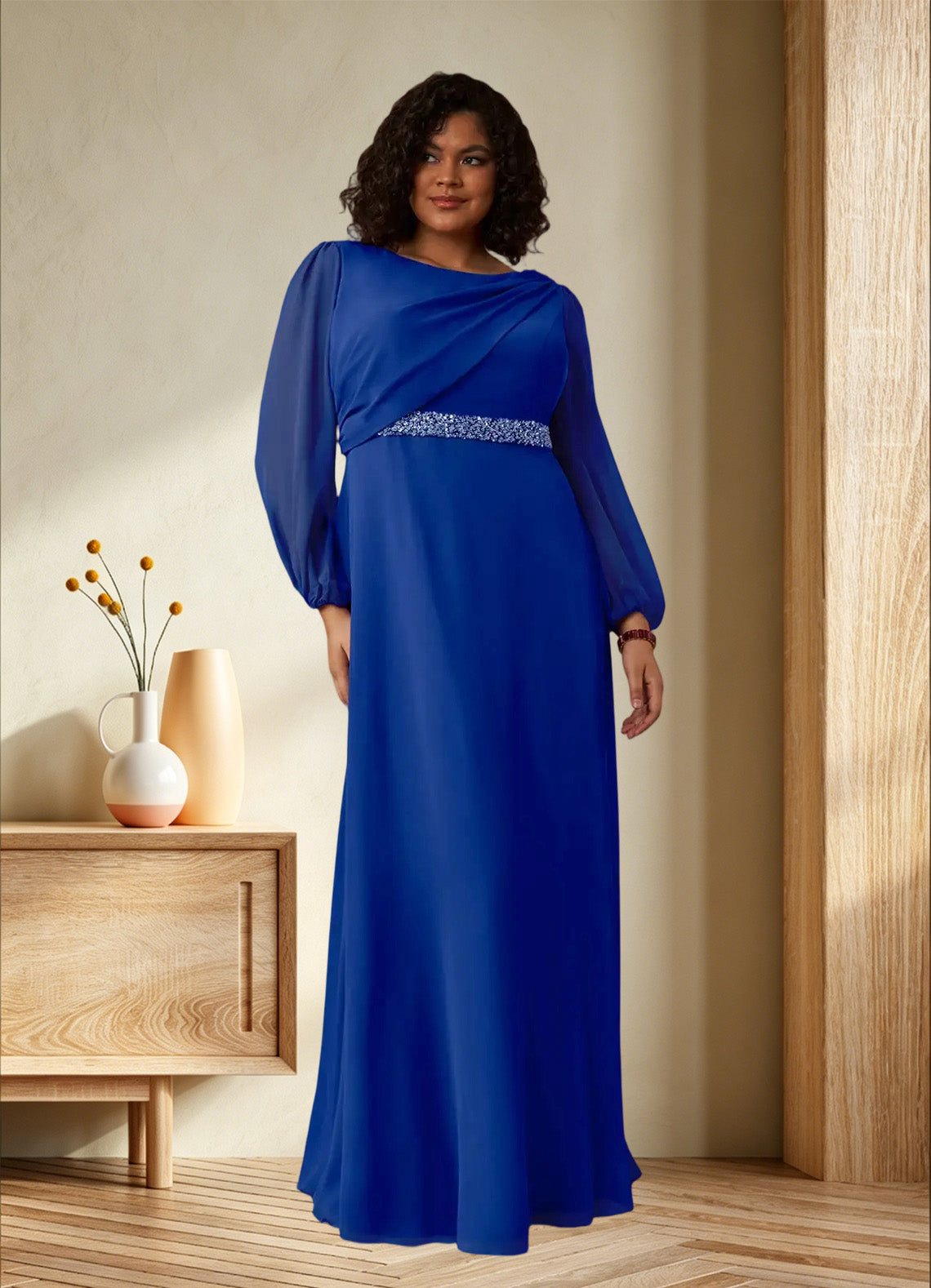 Augday Priyanka A-Line Boatneck Pleated Chiffon Dress