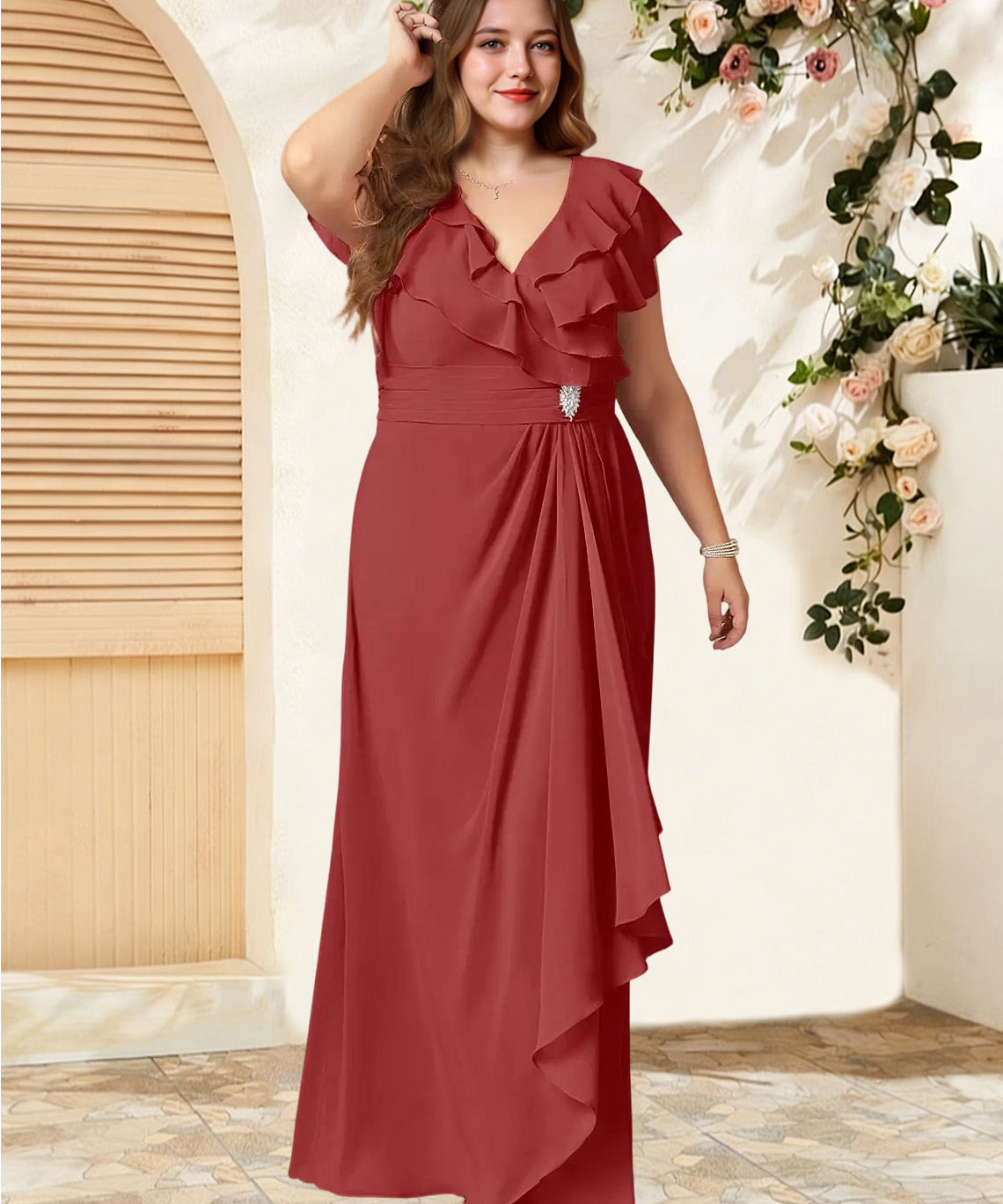 Augday Snapdragon A-Line V-Neck Ruched Chiffon Dress