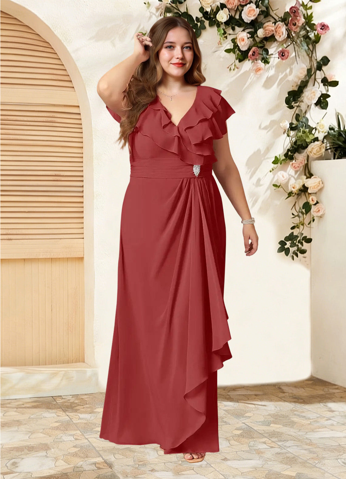Augday Snapdragon A-Line V-Neck Ruched Chiffon Dress