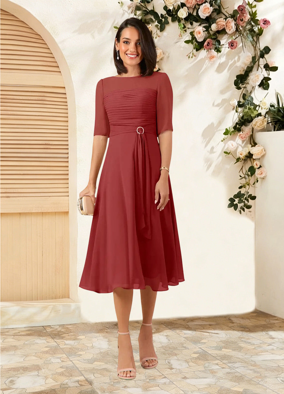Augday Naomi A-Line Boatneck Pleated Chiffon Dress