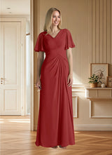 Augday Morning Glory A-Line V-Neck Ruched Chiffon Dress